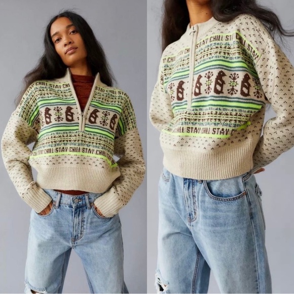 Urban Outfitters Sweaters - Urban Outfitters BDG Jesse Half-Zip Sweater Tan Brown and Neon Green - XS